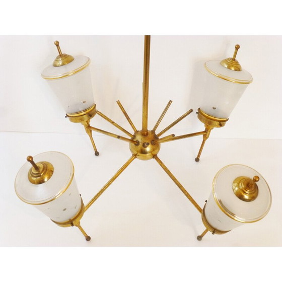Image 1 of Lustre vintage en verre et laiton doré, 1950