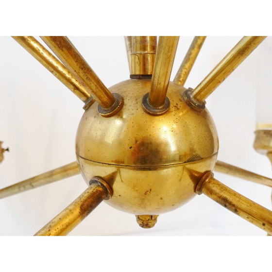 Image 1 of Lustre vintage en verre et laiton doré, 1950