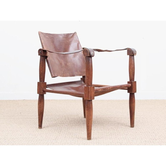 Image 1 of Paire de chaises Safari vintage en cuir et bois de hêtre - années 1940