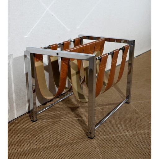 Porte-revues vintage rectangulaire en métal chromé et cuir par Novatrend