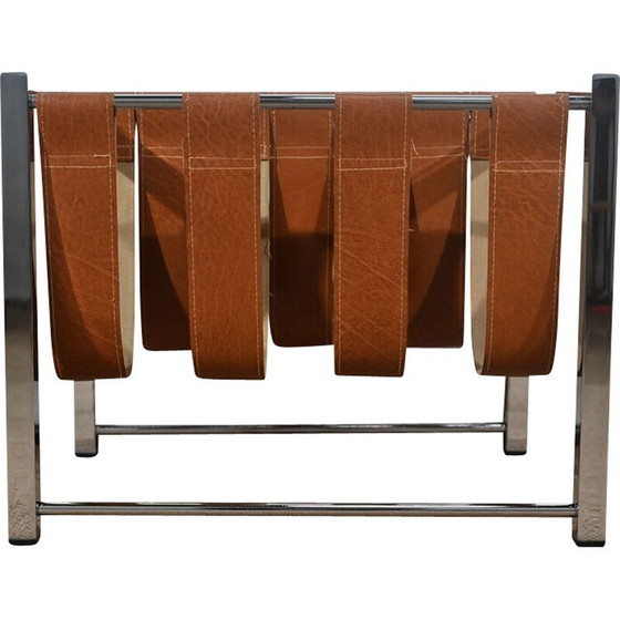 Image 1 of Porte-revues vintage rectangulaire en métal chromé et cuir par Novatrend