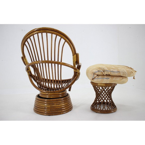 Image 1 of Fauteuil vintage avec tabouret en rotin, Europe 1980