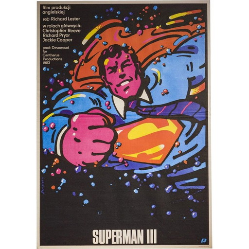 Affiche de film vintage "Superman III" par Waldemar Świerz, Pologne 1985