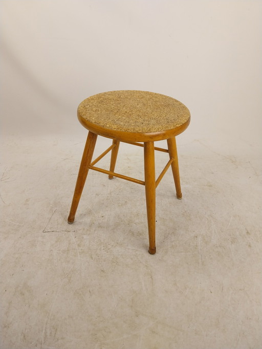 1 X Tabouret en pin avec assise en liège 1960's