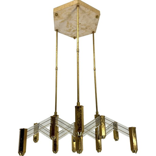 Lustre vintage en laiton et plexiglas pour Zeroquattro, Italie 1970