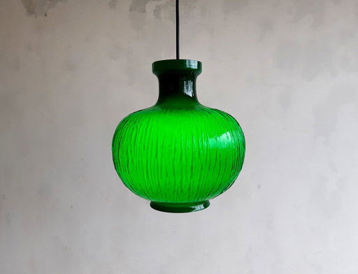 Rare lampe pendante vintage en verre strié vert d'herbe