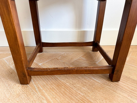 Image 1 of Ottoman Vintage Dutch Art Deco en bois avec siège en cuir