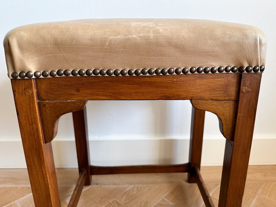 Image 1 of Ottoman Vintage Dutch Art Deco en bois avec siège en cuir