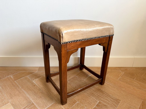 Ottoman Vintage Dutch Art Deco en bois avec siège en cuir
