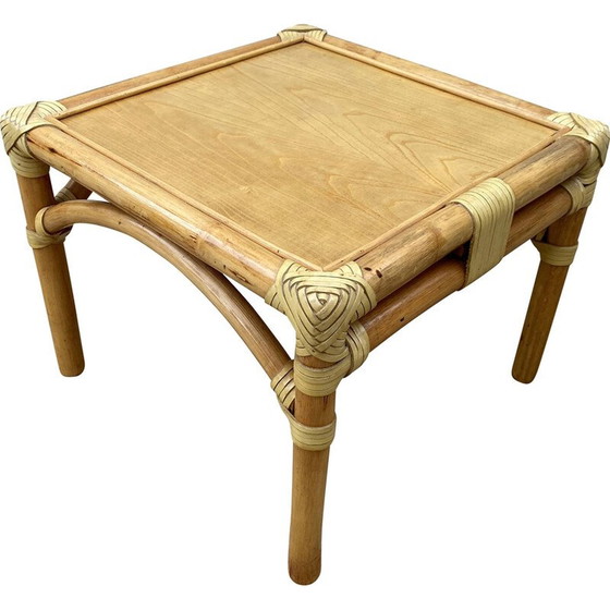 Image 1 of Table basse vintage en rotin et placage de chêne pour Maugrion, 1980