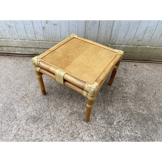 Image 1 of Table basse vintage en rotin et placage de chêne pour Maugrion, 1980