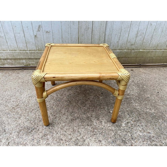 Image 1 of Table basse vintage en rotin et placage de chêne pour Maugrion, 1980