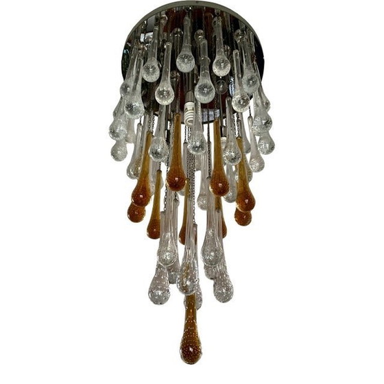 Image 1 of Plafonnier contemporain en verre de Murano ambre et or transparent "Big Drops" (grosses gouttes)