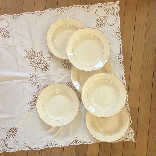 Lot De 6 Assiettes Creuses Faïence Ancienne Couleur Beige Et Dorure Digoin Sarreguemines