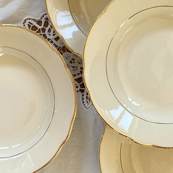 Image 1 of Lot De 6 Assiettes Creuses Faïence Ancienne Couleur Beige Et Dorure Digoin Sarreguemines