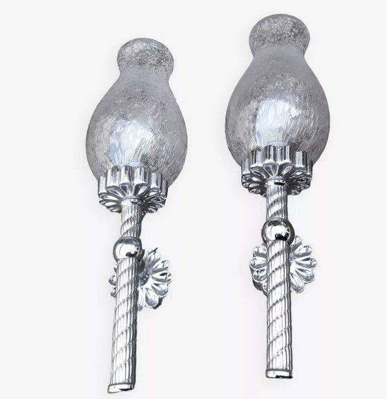 Image 1 of Appliques Torchères En Métal Et Verre Bullé