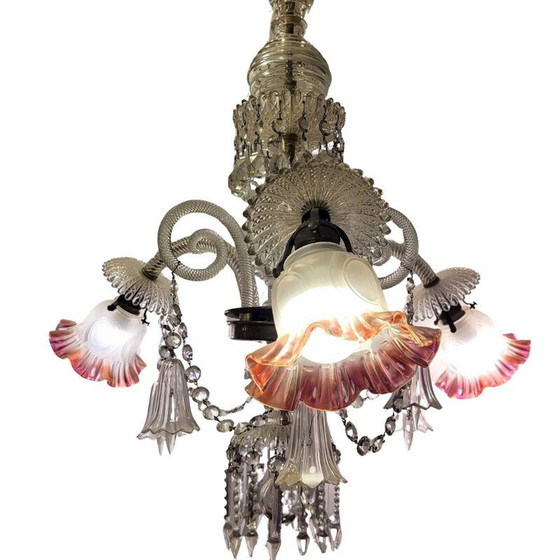 Image 1 of Lustre vintage en métal et verre soufflé, France