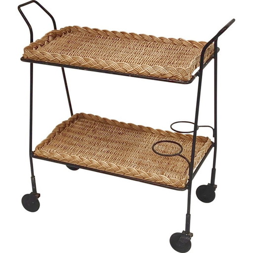 Table de service vintage en rotin et acier, années 1950