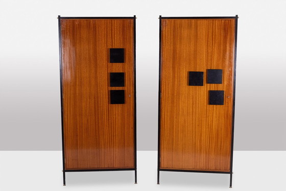 Image 1 of Paire D’Armoires En Placage D’Acajou Et Fer Laqué Noir. Années 1950.