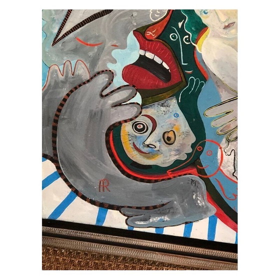 Image 1 of Peinture vintage "Festive Birth" avec cadre en bois argenté par Alain Rothstein, 1990