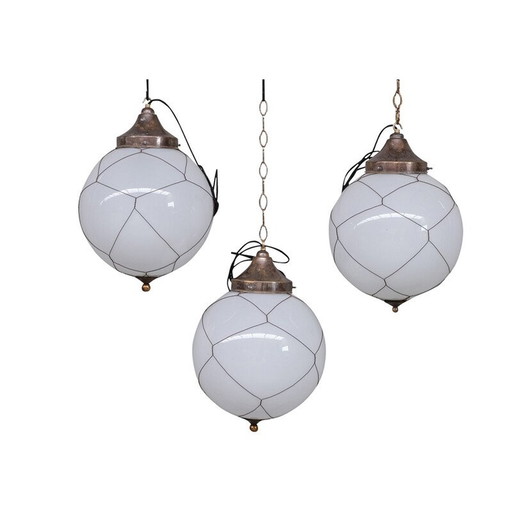 Lampes suspendues à cage en opaline et laiton, Hollande, années 1950