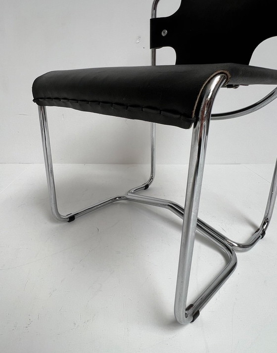 Image 1 of Ensemble de chaises en cuir noir de style Midcentury (4), Italie, années 1970