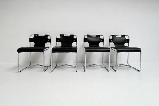 Image 1 of Ensemble de chaises en cuir noir de style Midcentury (4), Italie, années 1970