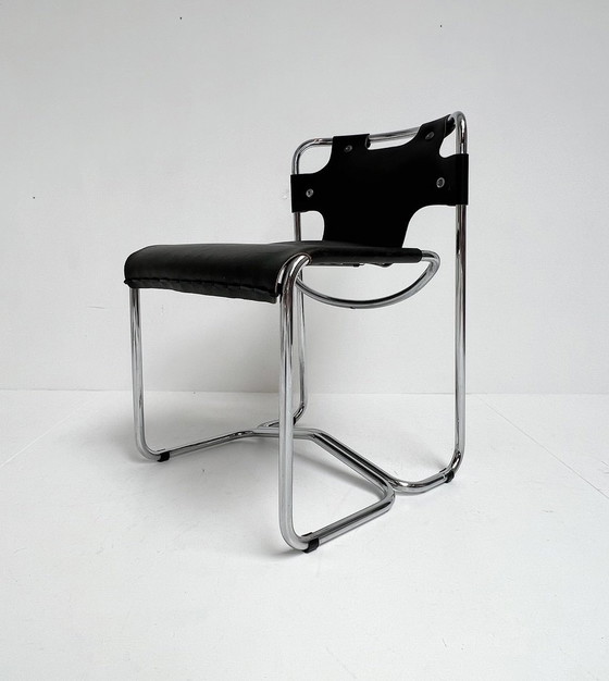 Image 1 of Ensemble de chaises en cuir noir de style Midcentury (4), Italie, années 1970