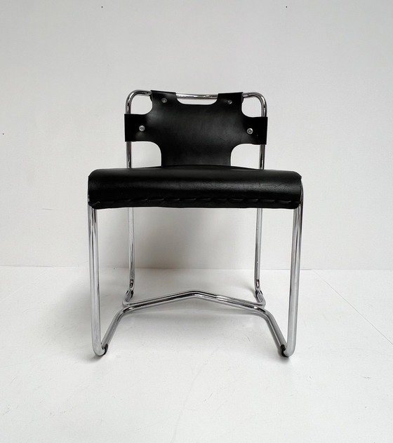 Image 1 of Ensemble de chaises en cuir noir de style Midcentury (4), Italie, années 1970