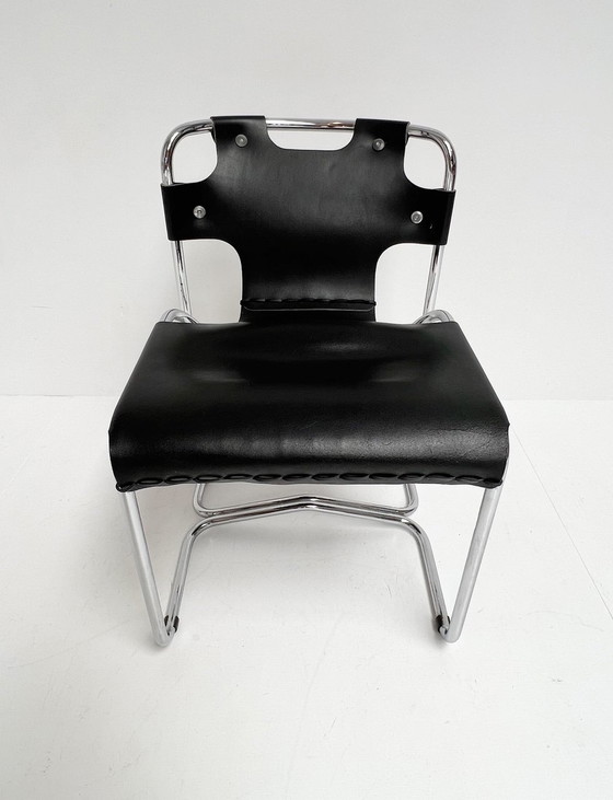 Image 1 of Ensemble de chaises en cuir noir de style Midcentury (4), Italie, années 1970