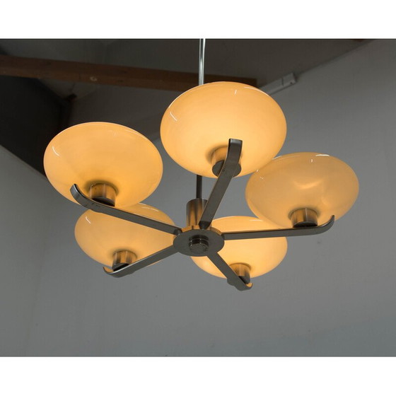 Image 1 of Lustre vintage, Art Deco en nickel et verre avec 5 flammes, 1930