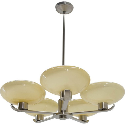 Lustre vintage, Art Deco en nickel et verre avec 5 flammes, 1930