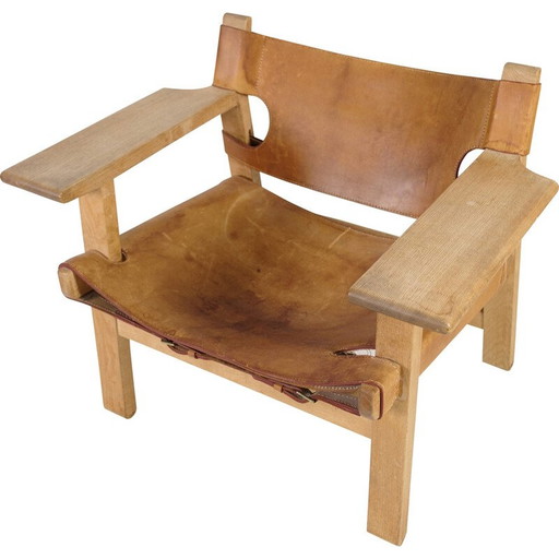 Fauteuil espagnol vintage modèle Bm2226 en bois de chêne et cuir patiné par Børge Mogensen, 1958
