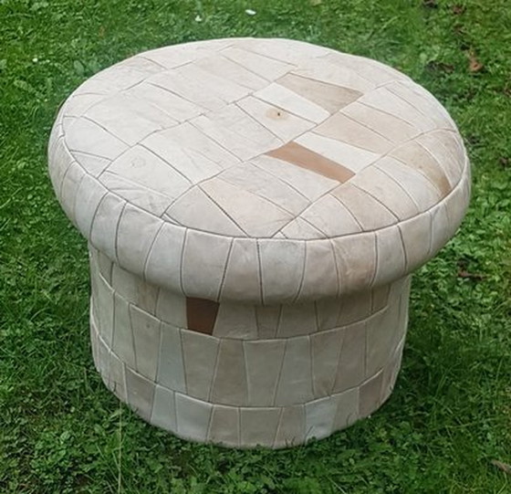 Image 1 of Pouf en patchwork de cuir avec compartiment intérieur