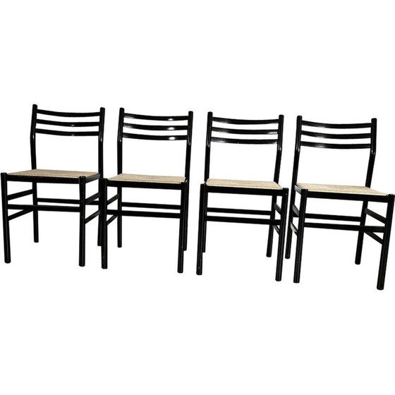 Ensemble de 4 chaises vintage en bois laqué noir et corde, Italie 1970 – Chaises de salle à manger