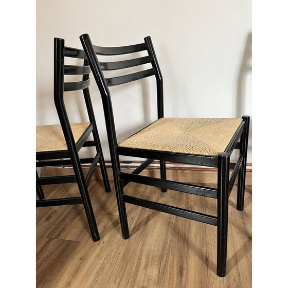 Ensemble de 4 chaises vintage en bois laqué noir et corde, Italie 1970 – Chaises de salle à manger (photo 13 of 13)