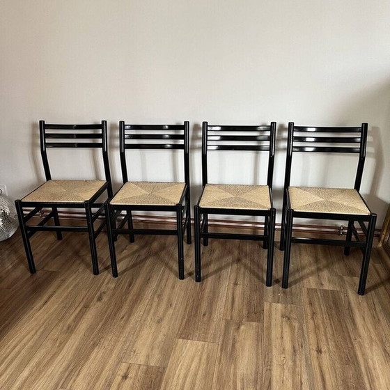 Ensemble de 4 chaises vintage en bois laqué noir et corde, Italie 1970 – Chaises de salle à manger (photo 12 of 13)