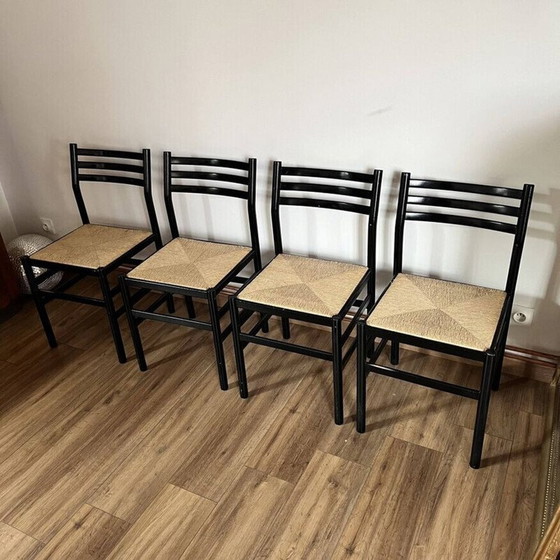 Ensemble de 4 chaises vintage en bois laqué noir et corde, Italie 1970 – Chaises de salle à manger (photo 10 of 13)