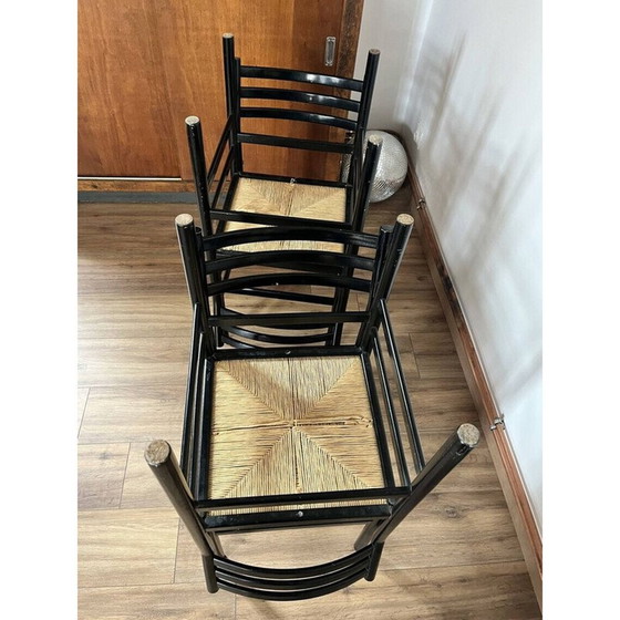Ensemble de 4 chaises vintage en bois laqué noir et corde, Italie 1970 – Chaises de salle à manger (photo 11 of 13)