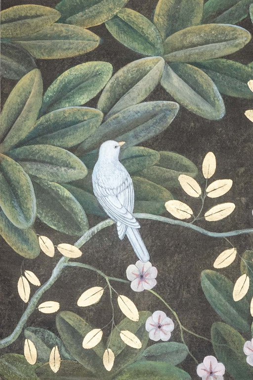 Toile Peinte Représentant Des Fleurs Et Des Oiseaux. Travail Contemporain.