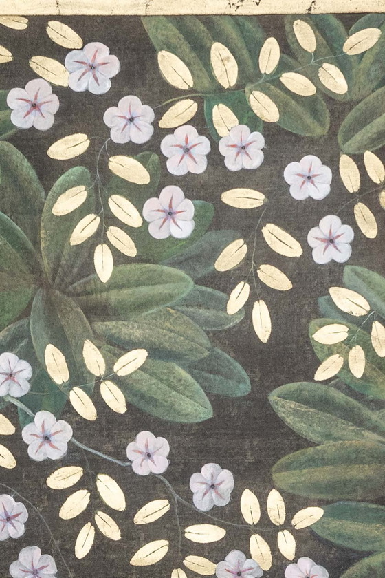 Image 1 of Toile Peinte Représentant Des Fleurs Et Des Oiseaux. Travail Contemporain.