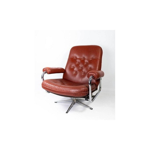 Fauteuil Mid Century garni de cuir rouge et structure en métal, danois années 1960