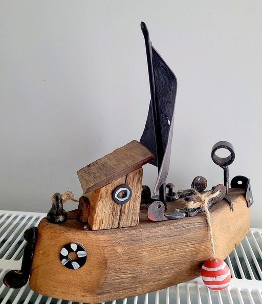 Janusz Czajkowski - Sculpture, Bateau - 26 Cm - Acier, Bois, Corde