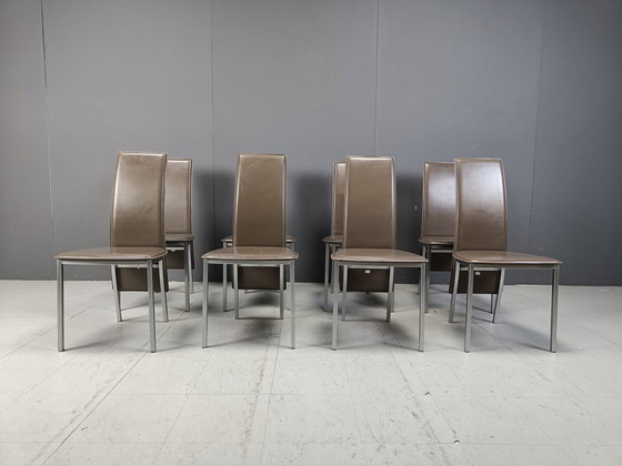 Image 1 of Chaises de salle à manger vintage en cuir belge, ensemble de 8