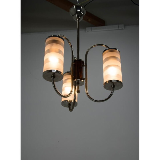 Image 1 of Lustre vintage art déco à trois flammes chromées, Tchécoslovaquie 1930