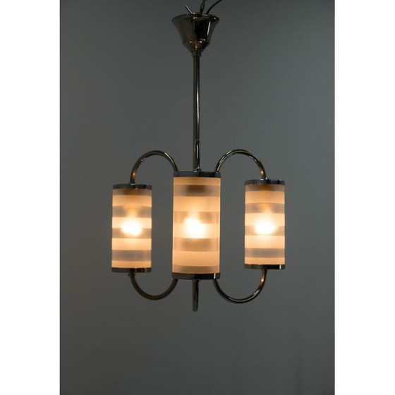Image 1 of Lustre vintage art déco à trois flammes chromées, Tchécoslovaquie 1930