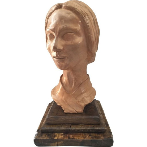 Sculpture vintage en terre cuite "Visage de femme", années 1950