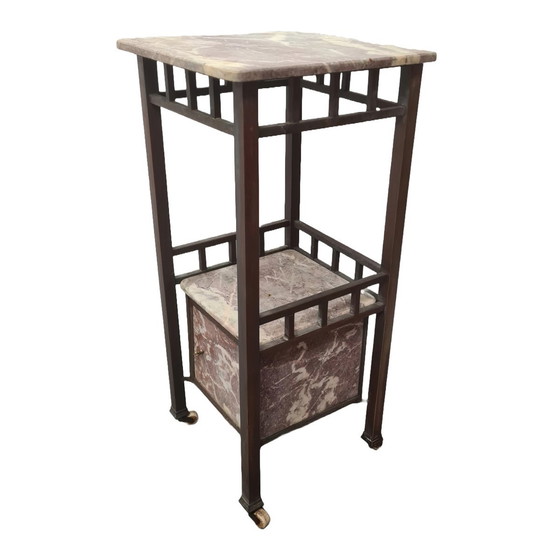 Image 1 of Ancienne table de chevet française en cuivre et marbre, fin du 19e siècle