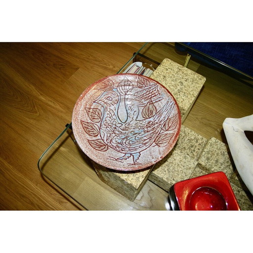 Plat vintage à motif d'oiseau en céramique d'accolay, 1950