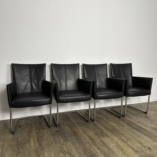 4X Chaises de salle à manger Luxe Bert Plantagie / Cuir noir / Neuves